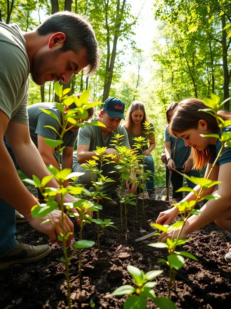 A photograph showcasing wildlife conservation efforts, such as habitat restoration or species monitoring, with volunteers actively involved.