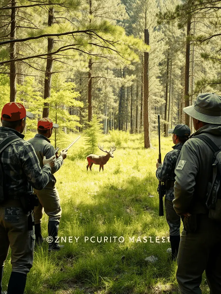 A photograph depicting a group of hunters participating in a controlled hunt, emphasizing safety and ethical hunting practices in a natural setting.