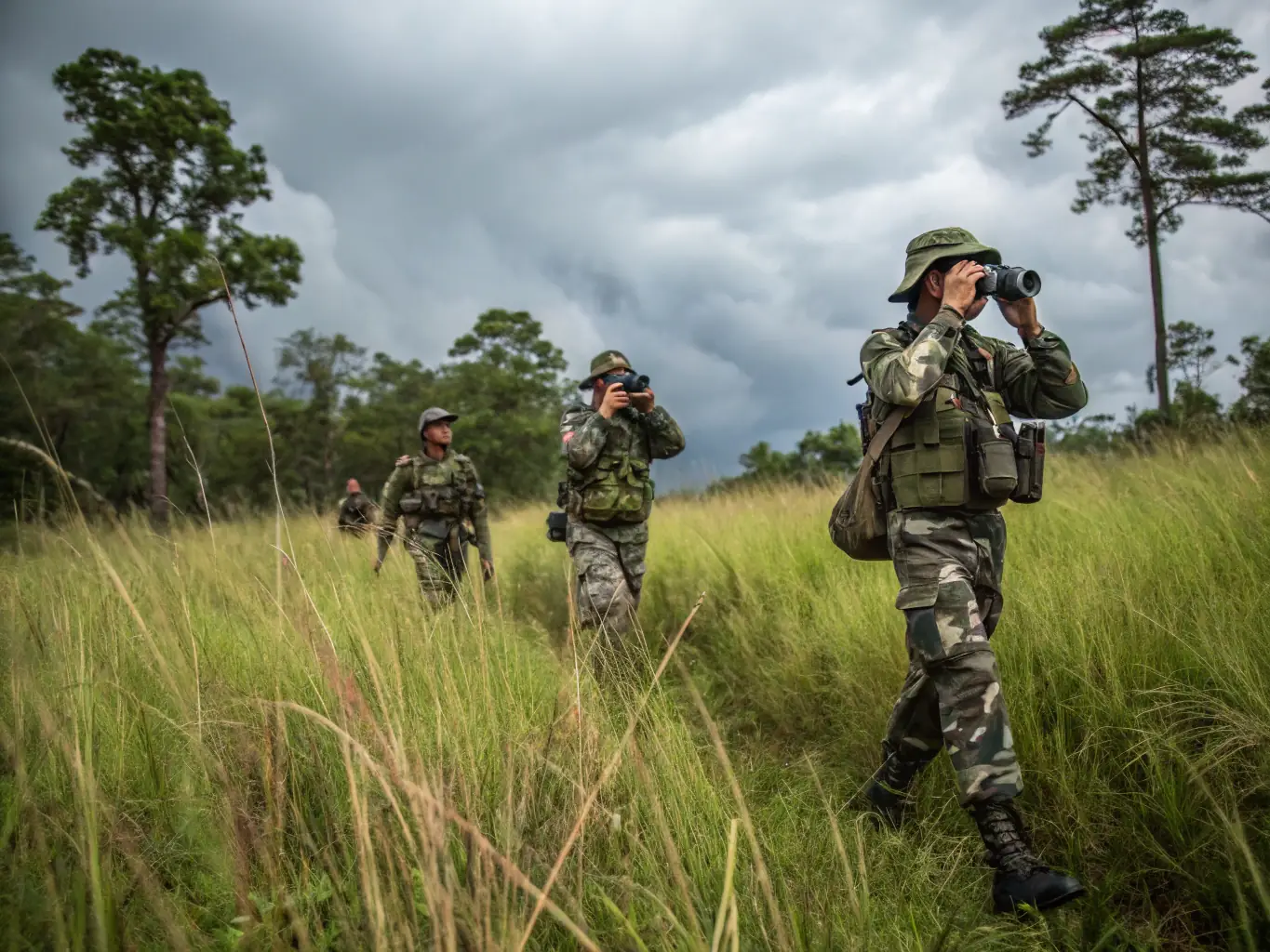 A photograph of wardens patrolling a forest, representing the anti-poaching measures taken by SOCIETE INTERCOMMUNALE DES CHASSEURS DE ROSIERS D'EGLETONS.