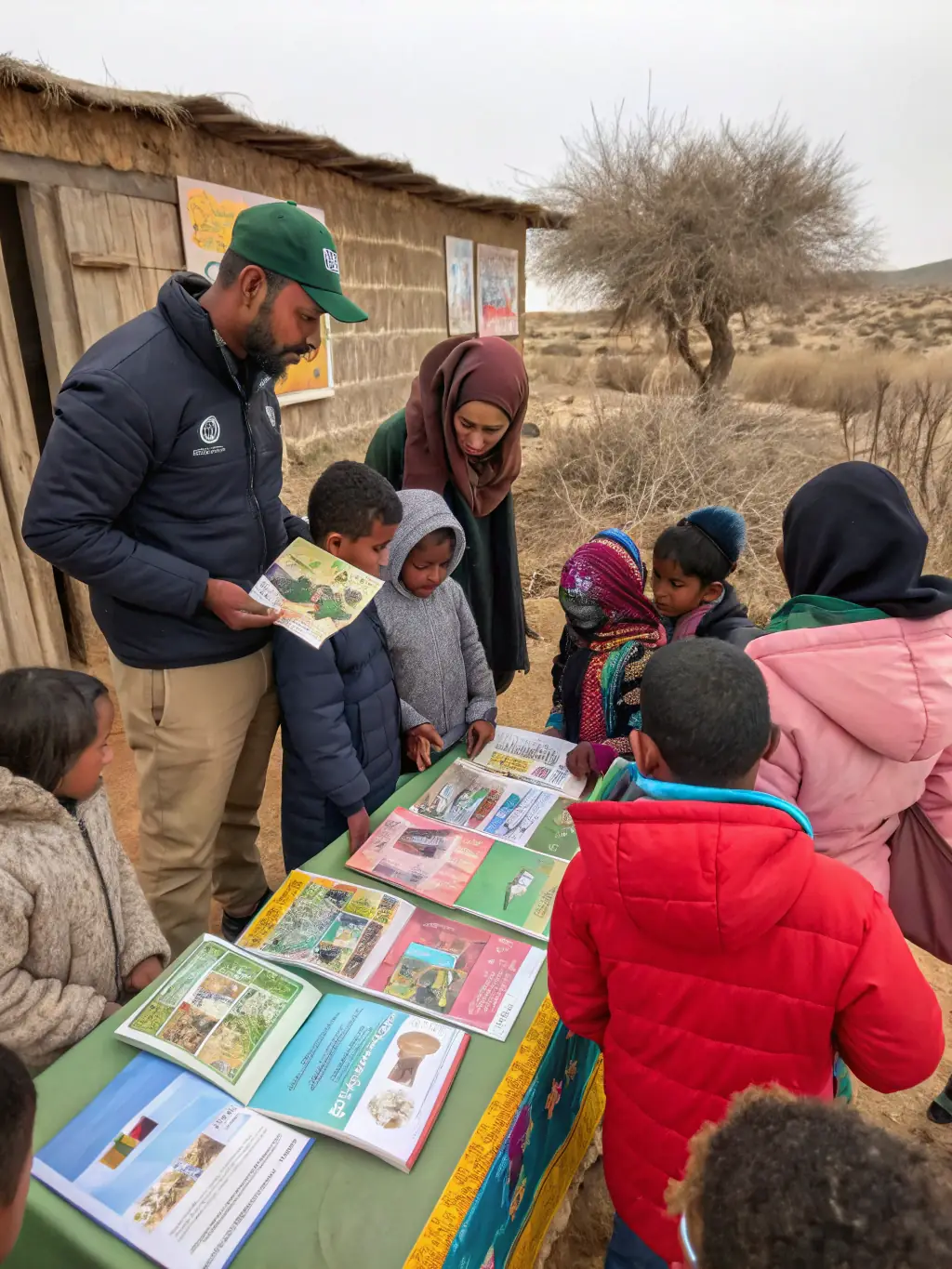 A photograph of a community outreach event, such as a presentation on wildlife conservation or a guided nature walk, with local residents participating.