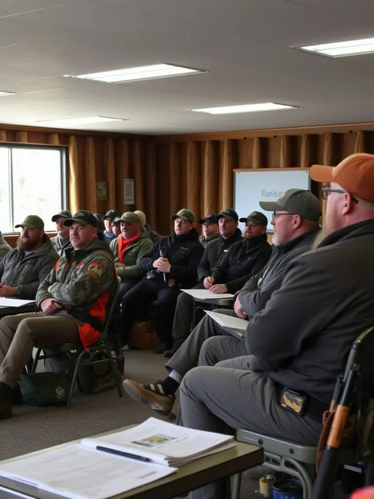 A photograph of a hunter education workshop, showing participants learning about wildlife identification, hunting regulations, and safety protocols.