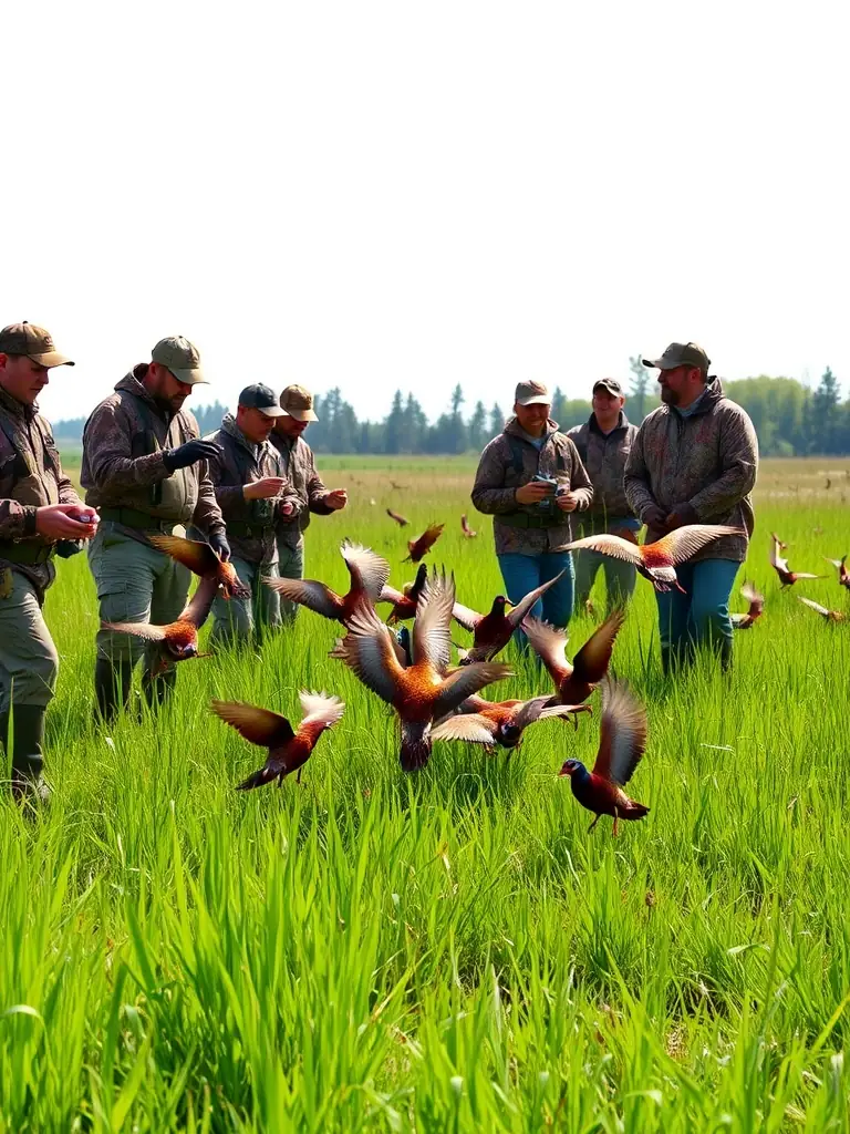 An image showcasing the release of young game birds into their natural habitat, illustrating the organization's commitment to repopulating local wildlife.