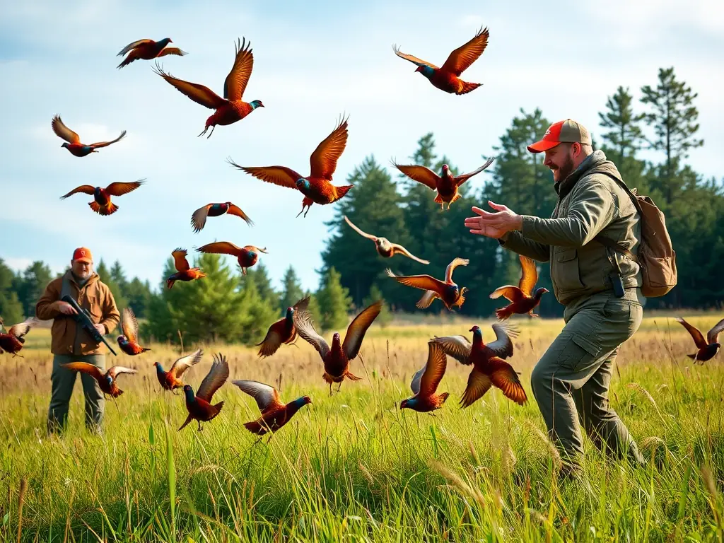 A photograph depicting a group of hunters releasing pheasants into a field, symbolizing the repopulation efforts of SOCIETE INTERCOMMUNALE DES CHASSEURS DE ROSIERS D'EGLETONS.