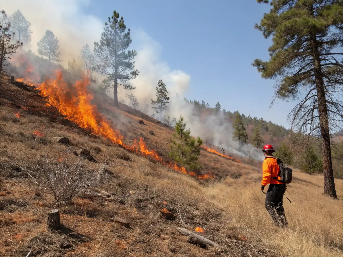 A photograph illustrating a controlled burn in a designated area, demonstrating the habitat restoration and management techniques employed by SOCIETE INTERCOMMUNALE DES CHASSEURS DE ROSIERS D'EGLETONS.