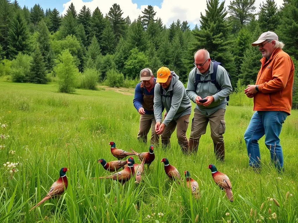 A photograph depicting a group of volunteers releasing pheasants into a natural habitat, showcasing the game repopulation efforts of SOCIETE INTERCOMMUNALE DES CHASSEURS DE ROSIERS D'EGLETONS.