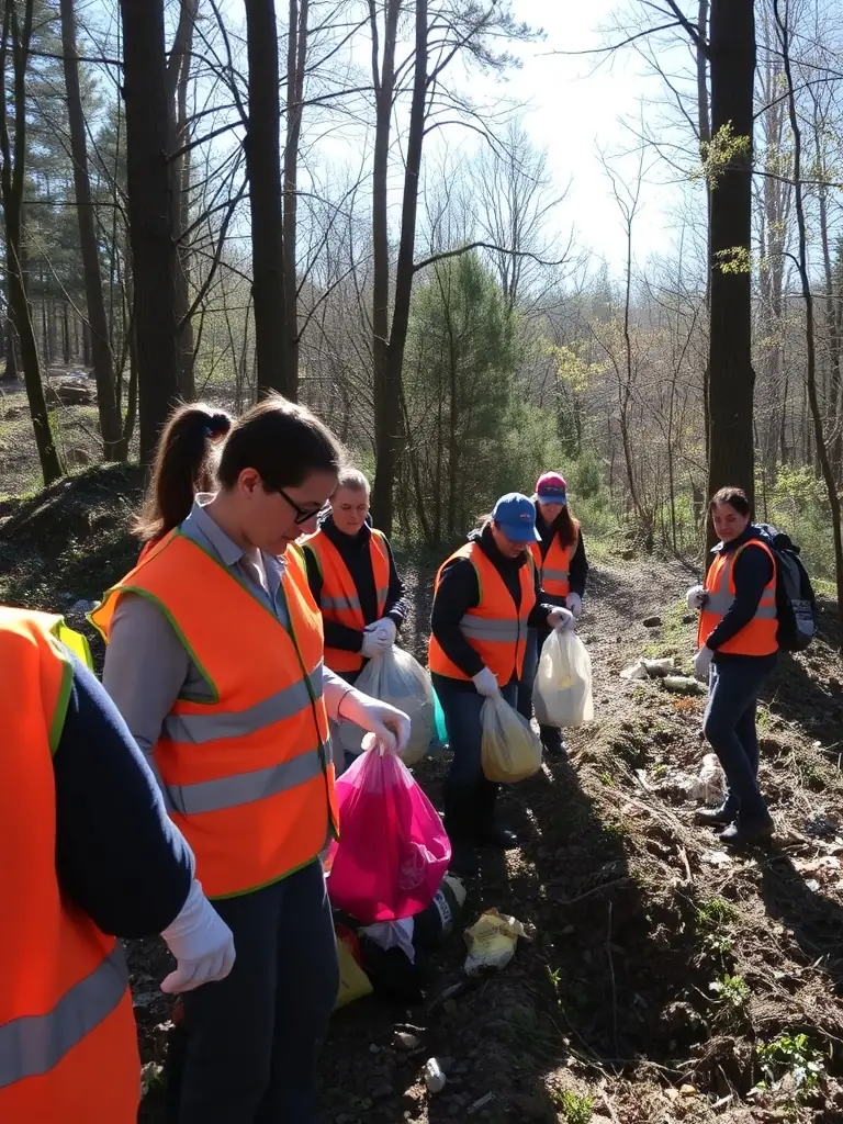A picture depicting members of the organization cleaning up a local forest area, demonstrating their dedication to environmental preservation and community service.